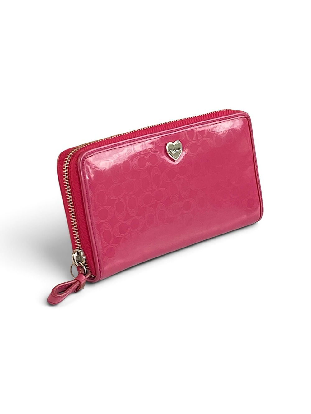 Coach Pink Signature Patent Leather Wallet with Heart Pendant